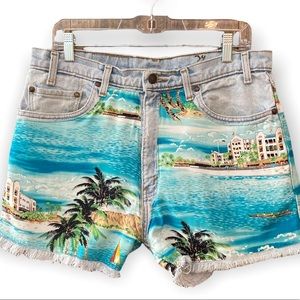 Levi’s 34 540 Blue Lightwash Hawaiian Fabric Overlay Cutoff Shorty Jean Shorts